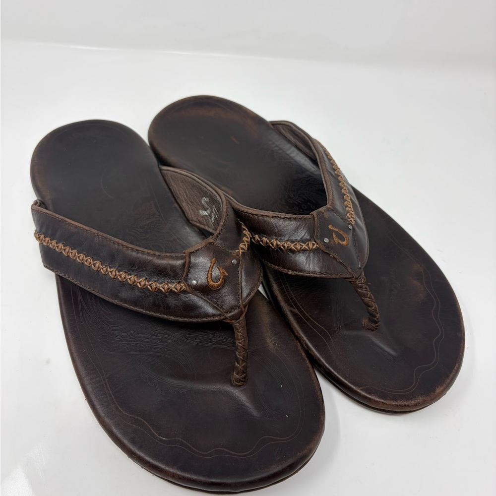 OluKai Mea Ola Mens Flip Flop Leather Beach Sandals Size 12 Dark Java 10138-4448